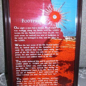 1981 EMSON FOOTPRINTS Standing Frame Music Box Plays "Amazing Grace" - VGC